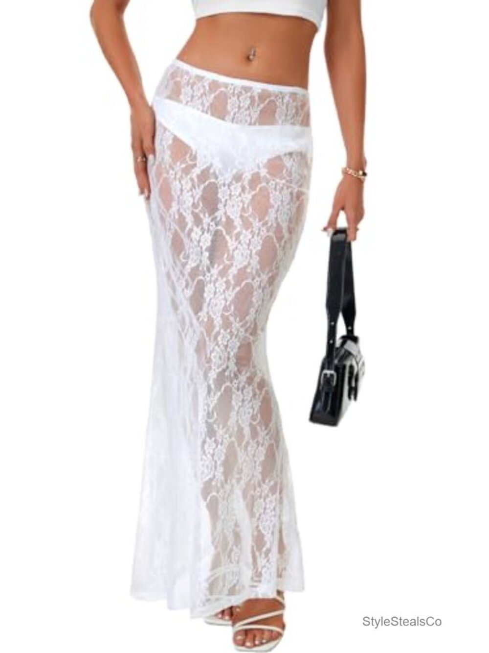 Sheer Lace A Line Maxi Skirt Flowy High Rise Summer Beach Coverup